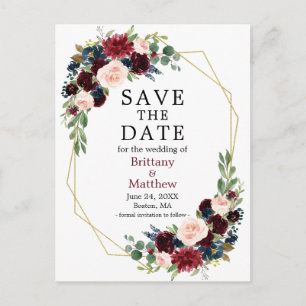 Carte Postale Burgundy Blue Floral Geo Frame Enregistrer la date