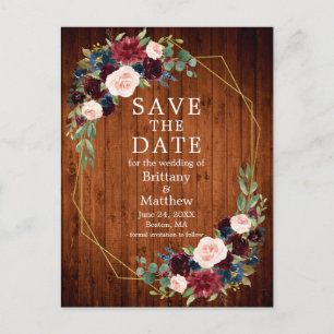 Carte Postale Burgundy Blue Floral Wood Geo Frame Enregistrer la