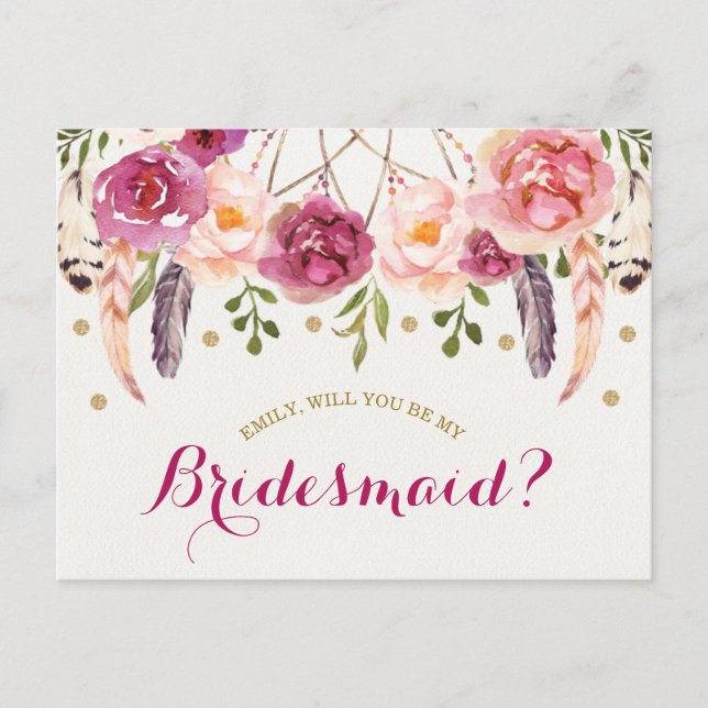 Carte Postale Burgundy Blush Boho Floral Be My Bridesmaid Card (Devant)