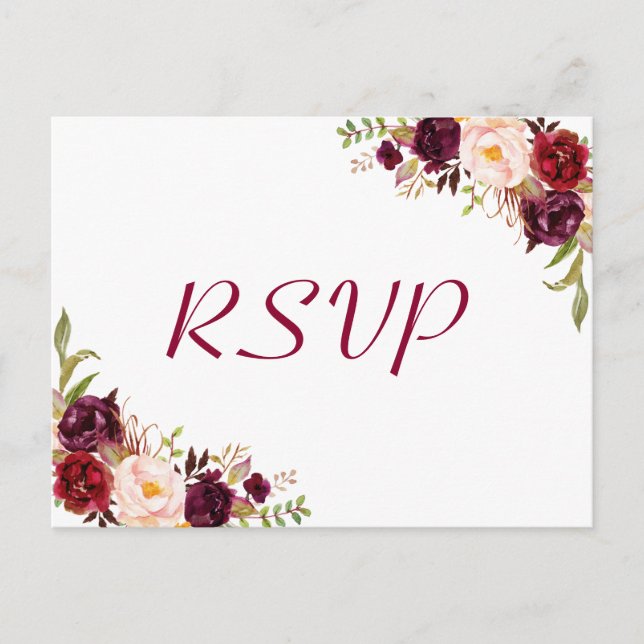 Carte Postale Burgundy Blush Floral Wedding Réponse RSVP (Devant)