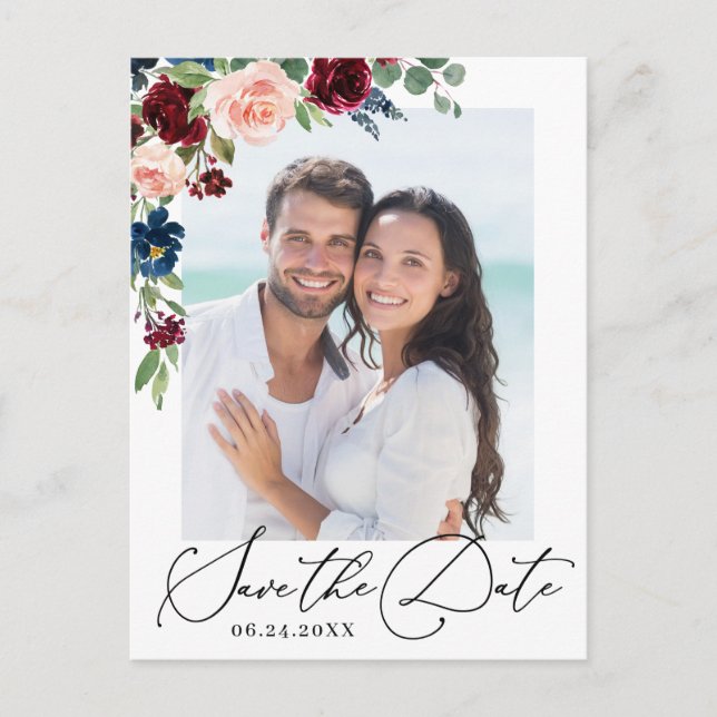 Carte Postale Burgundy Blush Navy PHOTO Mariage Enregistrer la d (Devant)