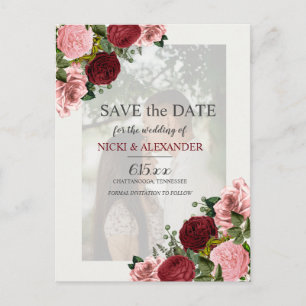 Carte Postale Burgundy Blush Pink Faded Photo Mariage Date de sa