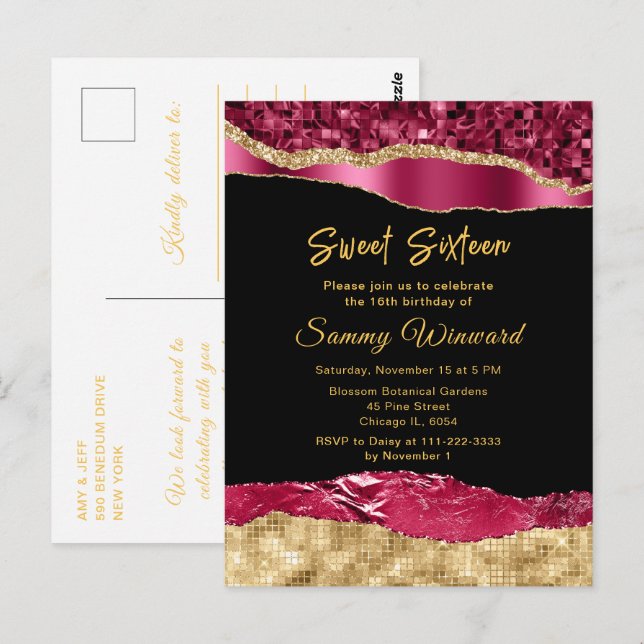 Carte Postale Burgundy et Or Glam Tears Sweet Sixteen (Devant / Derrière)