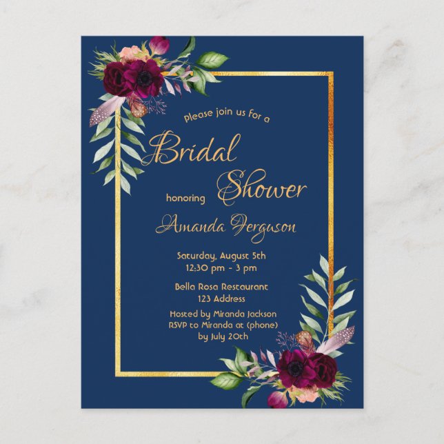 Carte Postale Burgundy flals marine bleu or boho nuptiale douche (Devant)