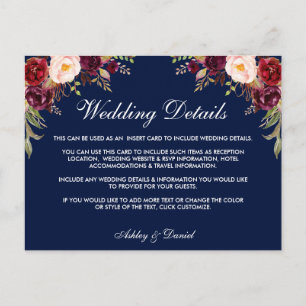 Carte Postale Burgundy Floral Blue Détails du Mariage Insérer la