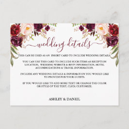 Carte Postale Burgundy Floral Détails du Mariage Insérer une car