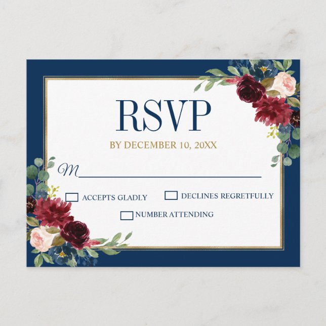 Carte Postale Burgundy Floral Gold Navy Blue Rustic Wedding RSVP (Devant)