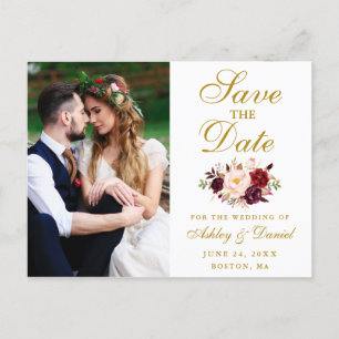 Carte Postale Burgundy Floral Gold Photo Enregistrer La Date
