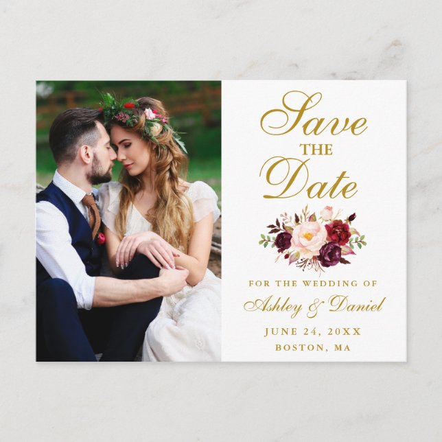 Carte Postale Burgundy Floral Gold Photo Enregistrer La Date (Devant)