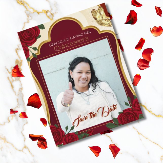 Carte Postale Burgundy & Gold Rose Quinceañera Save the Date (Créateur téléchargé)