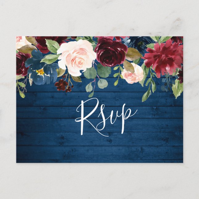 Carte Postale Burgundy Marine Bleu Aquarelle Blush Mariage RSVP (Devant)