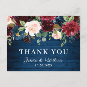 Carte Postale Burgundy Navy Blue Blush Floral Merci