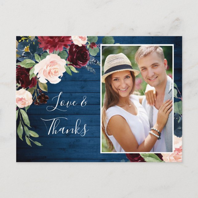Carte Postale Burgundy Navy Blue Blush Mariage Photo Merci (Devant)