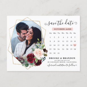Carte Postale Burgundy Navy Blush Floral Calendrier Enregistrer 