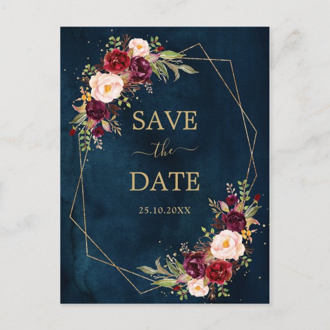 Carte Postale Burgundy Navy Blush Floral Geometry enregistrer la (Devant)