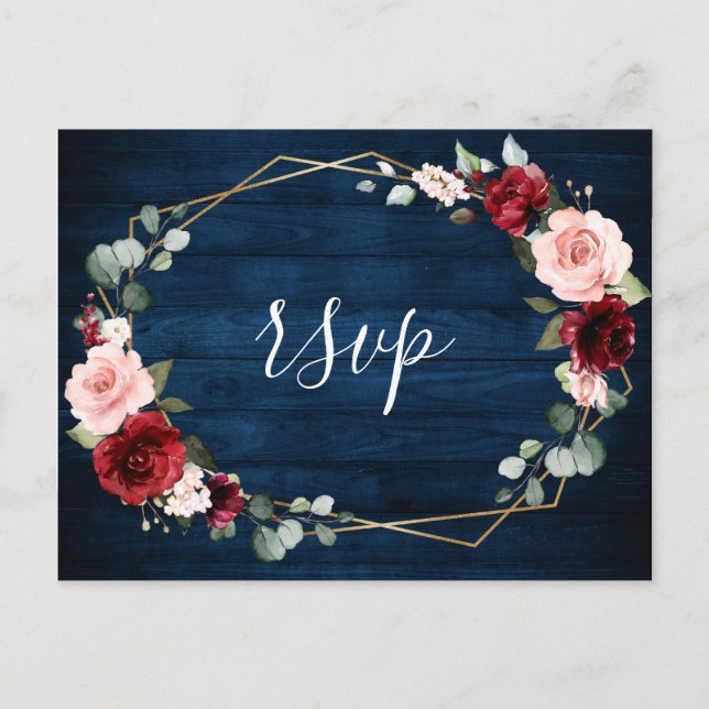 Carte Postale Burgundy Navy Blush Floral Mariage géométrique (Devant)
