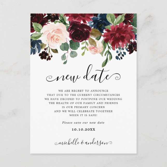 Carte Postale Burgundy Navy Blush Floral Modifier la date (Devant)