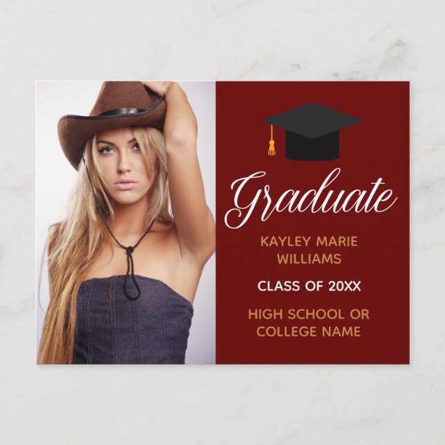 Carte Postale Burgundy Red Graduation Photo Chic 2023 Graduate (Devant)