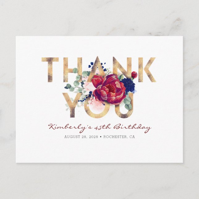Carte Postale Burgundy Red Peony Marine Blue Anniversaire Merci (Devant)