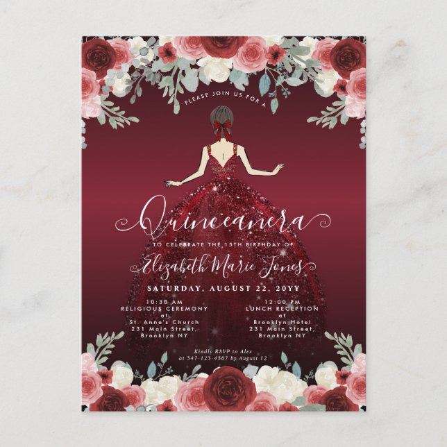 Carte Postale Burgundy Rouge Floral Princess Fête d'anniversaire (Devant)