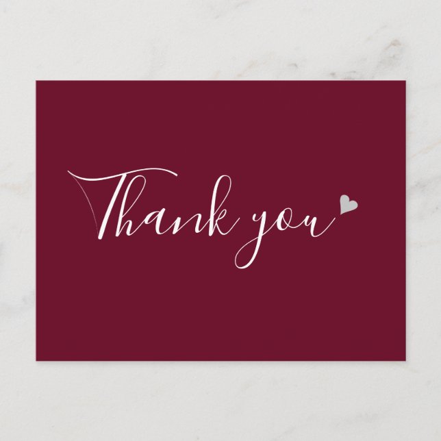 Carte Postale Burgundy Silver Heart Script Merci d'affaires (Devant)