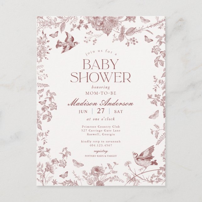 Carte Postale Burgundy Toile Français Floral Baby shower (Devant)