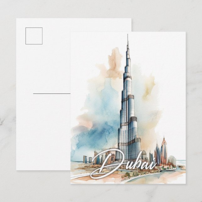 Carte Postale Burj Khalifa Dubai Aquarelle Peinture Voyage (Devant / Derrière)