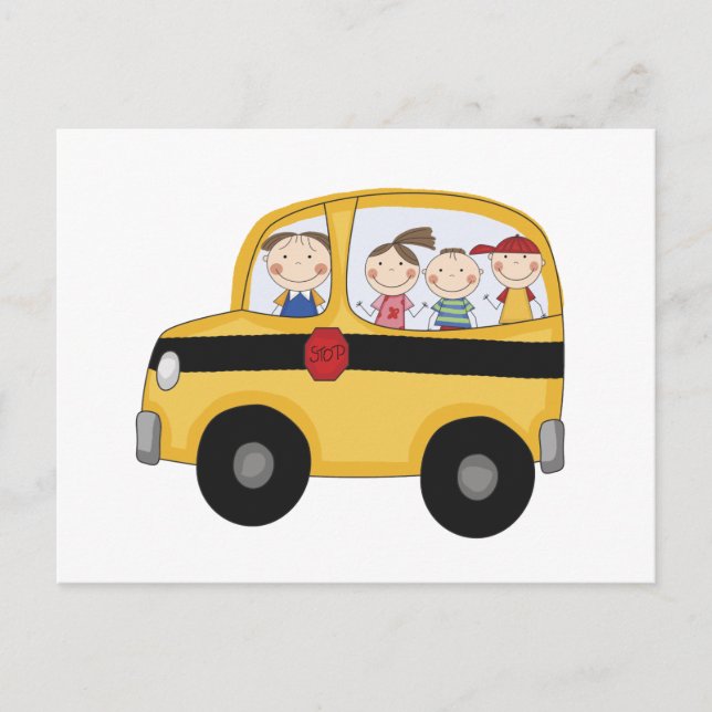 Carte Postale Bus scolaire avec T-shirts et cadeaux pour enfants (Devant)