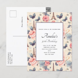 Carte Postale Butterfly Tour Eiffel et Motif Rose Anniversaire