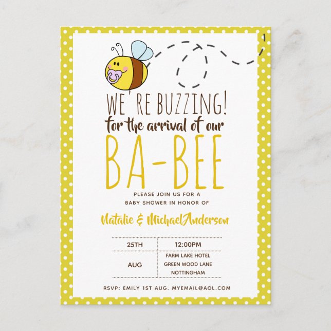 Carte Postale BUZZING Pour l'ARRIVÉE de BA BEE Baby shower Jaune (Devant)