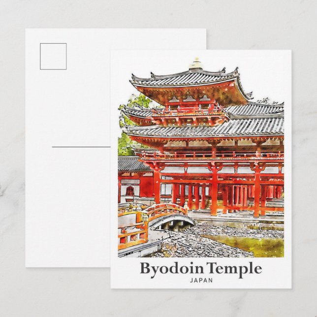 Carte Postale Byodoin Temple Japon Voyage Aquarelle main tirée (Devant / Derrière)