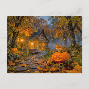 Carte Postale Cabane de forêt d'Halloween avec Renard