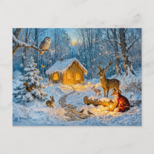 Carte Postale Cabane de forêt hivernale avec cerf, renard et hib