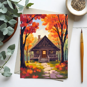 Carte Postale Cabane en rondins Aquarelle de forêt de feuillag