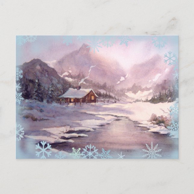 Carte Postale CABINE D'HIVER & FLAKES DE NEIGE par SHARON SHARPE (Devant)