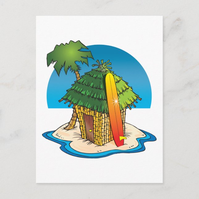 Carte Postale Cabine Tiki avec surf et palme (Devant)
