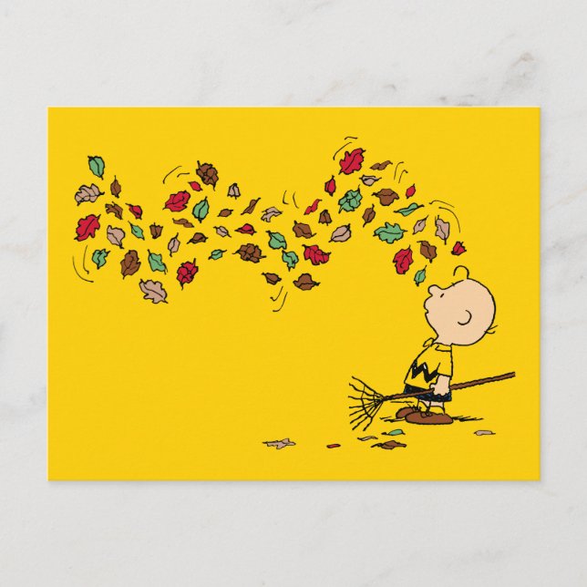 Carte Postale cacahuètes | Charlie Brown Raking Feuilles (Devant)