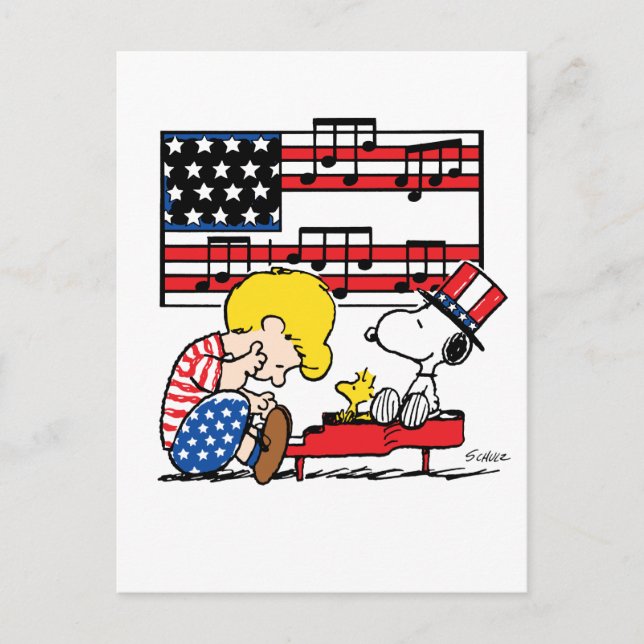 Carte Postale cacahuètes | Schroeder patriotique, Woodstock & Sn (Devant)