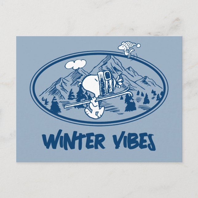 Carte Postale cacahuètes | Snoopy & Woodstock Skiing (Devant)