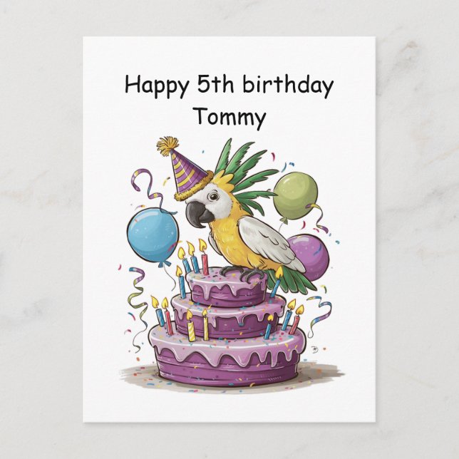 Carte Postale cacatoès perché sur des ballons de gâteau d'annive (Devant)