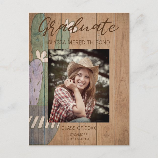 Carte Postale Cactus Moderne Rustique Bois Photo Graduation (Devant)