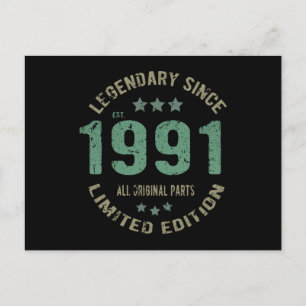 Carte Postale Cadeau d'anniversaire 34 ans Né en 1991 Légende Ca