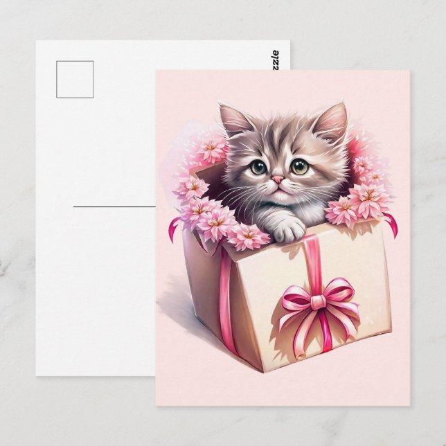 Carte Postale Cadeau d'anniversaire adorable chaton dans une boî (Devant / Derrière)