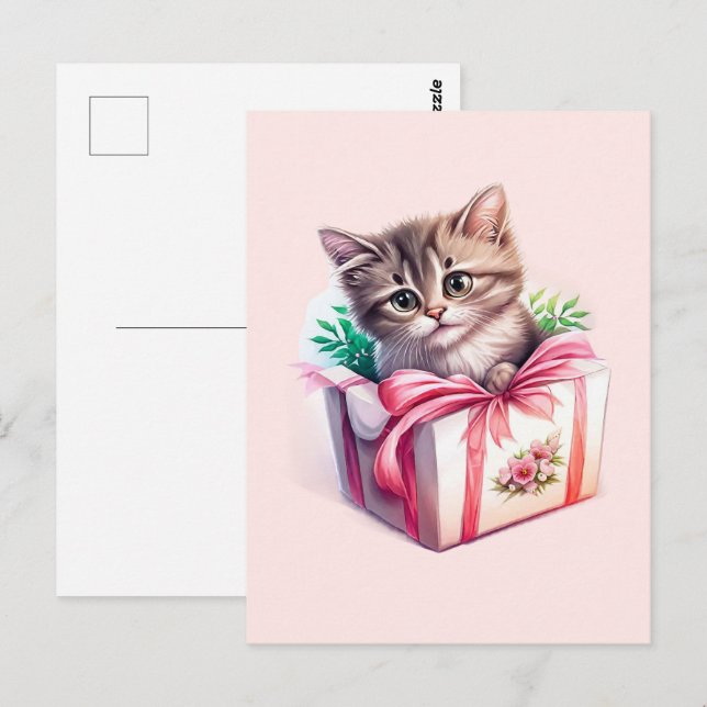 Carte Postale Cadeau d'anniversaire de chaton mignon dans une bo (Devant / Derrière)