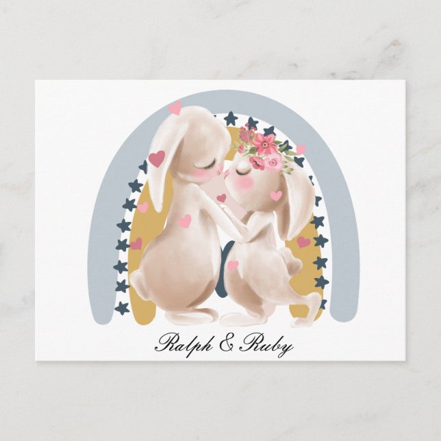 Carte Postale Cadeau personnalisé lapin couple mignon arc-en-cie (Devant)