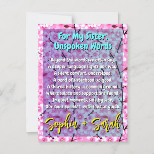 Carte Postale Cadeau Soeur Unique   Poème Floral rose
