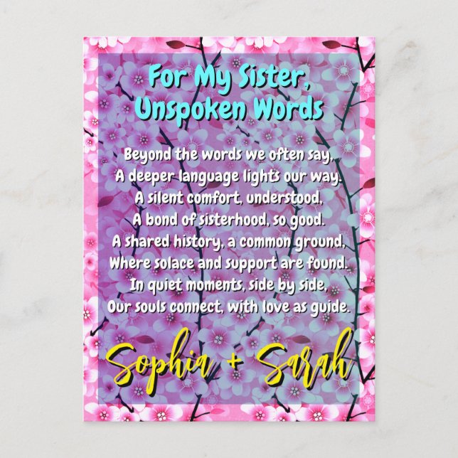 Carte Postale Cadeau Unique pour une Sœur | Poème Floral Rose (Devant)