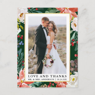 Carte Postale Cadre floral d'hiver à l'aquarelle Amour et Merci