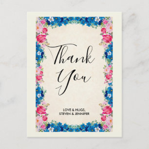 Carte Postale Cadre rose et bleu Fleur Mariage élégant Merci