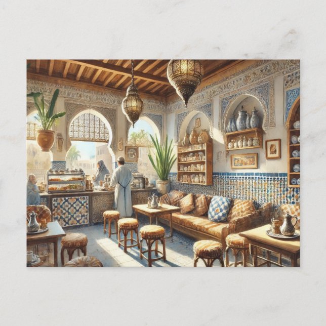 Carte Postale Café à Casablanca Maroc Aquarelle Peinture (Devant)
